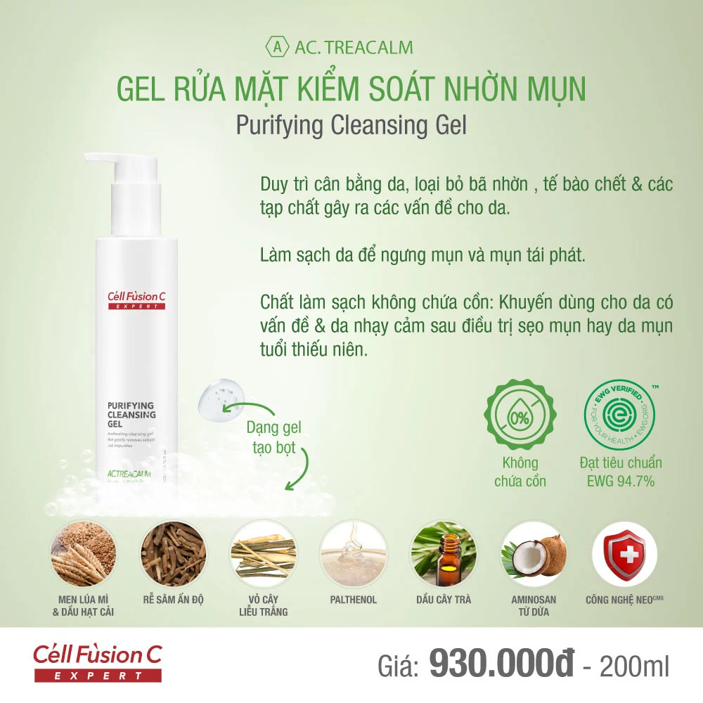 Gel rửa mặt thanh khiết cho làn da dầu mụn 200ml - Cell Fusion C Expert Purifying Cleansing Gel